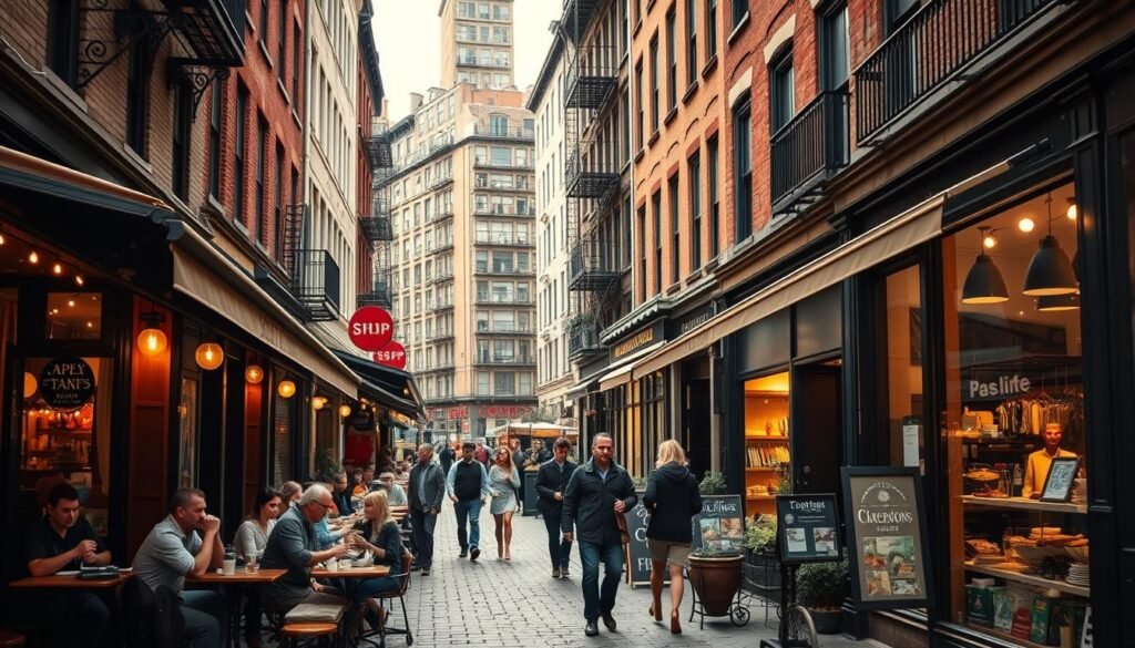 Soho cafés and shopping, a vibrant urban scene. In the foreground, cozy sidewalk cafés bustling with patrons sipping coffee and indulging in pastries. Charming storefronts line the streets, their windows displaying an array of trendy fashion, accessories, and artisanal goods. The middle ground features pedestrians strolling along the cobblestone streets, immersed in the lively atmosphere. In the background, the iconic cast-iron architecture of Soho rises, casting gentle shadows and lending a timeless, historic feel to the locale. Warm, diffused lighting illuminates the scene, creating a welcoming, inviting ambiance. The overall mood is one of vibrant local energy, where the city's creative spirit thrives.