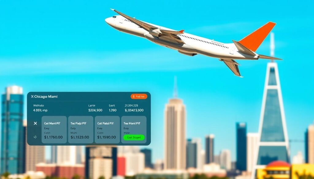 a crisp, vibrant image showcasing weekend flight deals from Chicago to Miami. The foreground features a sleek, modern airplane taking off against a clear blue sky, with the iconic Miami skyline visible in the distance. The middle ground depicts a stylized airline booking interface, displaying various flight options and discounted prices. The background is a blurred cityscape of Chicago, with the iconic Willis Tower and other landmarks visible. The lighting is bright and natural, with a slight warm hue that evokes a sense of sun-drenched vacation. The overall composition is balanced and visually striking, creating a compelling and aspirational image that captures the essence of the "weekend flight deals from Chicago to Miami" concept.