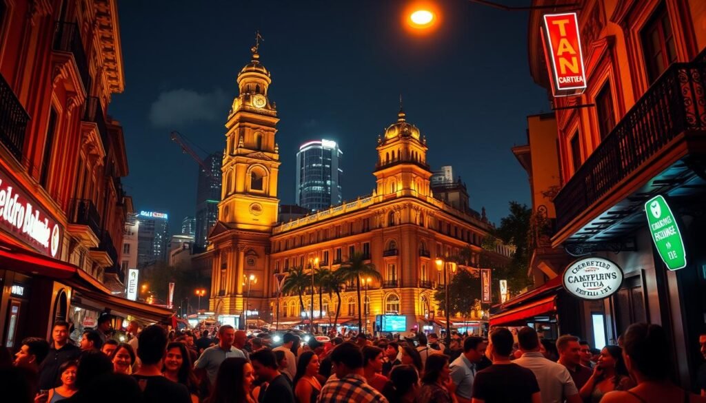 A bustling city at night, the streets aglow with the warm hues of streetlights and neon signs. In the foreground, a lively crowd spills out from a local cantina, laughter and music filling the air. In the middle ground, towering colonial buildings stand tall, their facades cast in deep shadows, while the distant skyline is dotted with the twinkling lights of high-rise buildings. The scene is imbued with an electric energy, a sense of joy and revelry that captures the essence of Mexico City's vibrant nightlife. Shoot with a wide-angle lens to capture the scale and dynamism of the scene, using a low angle to emphasize the grandeur of the architecture. Utilize a warm color palette and soft, diffused lighting to create an inviting, atmospheric feel.