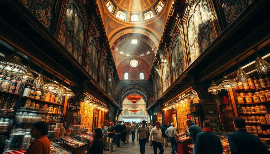 A bustling, vibrant marketplace in the heart of Istanbul, the Grand Bazaar is a labyrinth of winding alleys, lined with colorful stalls and shops brimming with handcrafted goods. Warm sunlight filters through the domed ceilings, casting a soft glow over the intricate mosaics, intricate textiles, and gleaming metalwork. Merchants call out to passersby, inviting them to explore their wares, from fragrant spices and aromatic teas to ornate lamps and stunning jewelry. The air is thick with the scent of sizzling kebabs and freshly brewed Turkish coffee, creating an immersive sensory experience that captures the essence of East meeting West. Wide-angle lens captures the grand scale and ornate architectural details, while a cinematic lighting setup enhances the moody, atmospheric ambiance. A bustling, vibrant marketplace in the heart of Istanbul, the Grand Bazaar is a labyrinth of winding alleys, lined with colorful stalls and shops brimming with handcrafted goods. Warm sunlight filters through the domed ceilings, casting a soft glow over the intricate mosaics, intricate textiles, and gleaming metalwork. Merchants call out to passersby, inviting them to explore their wares, from fragrant spices and aromatic teas to ornate lamps and stunning jewelry. The air is thick with the scent of sizzling kebabs and freshly brewed Turkish coffee, creating an immersive sensory experience that captures the essence of East meeting West. Wide-angle lens captures the grand scale and ornate architectural details, while a cinematic lighting setup enhances the moody, atmospheric ambiance.