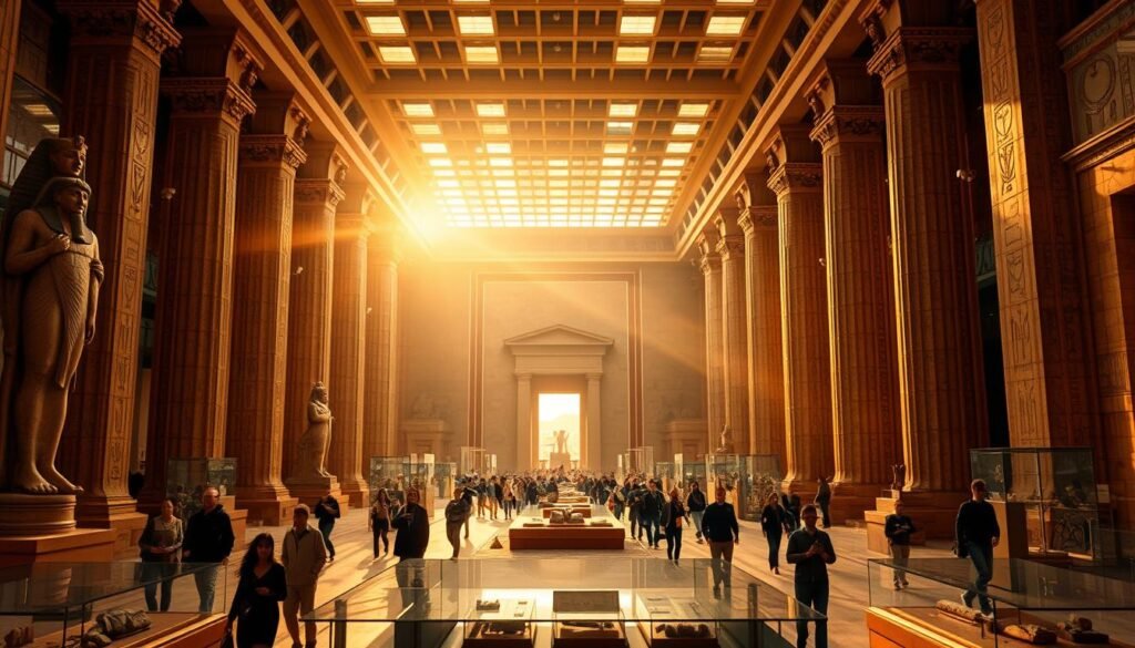 A grand Egyptian museum, its vast atrium bathed in warm, golden light filtering through towering glass ceilings. Majestic statues and towering ancient artifacts command attention, while visitors meander through the cavernous halls, awed by the immense scale and historical grandeur. In the middle ground, display cases showcase meticulously preserved relics, their enigmatic hieroglyphs and intricate designs beckoning closer inspection. The background fades into a soft, atmospheric haze, drawing the eye towards the museum's iconic exterior, its weathered limestone facade reflecting the setting sun. An aura of mystery and timeless wonder permeates the scene, transporting the viewer to the heart of Egypt's ancient civilization.