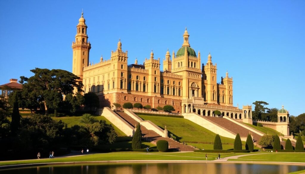 A grand, imposing castle atop a verdant hill, Chapultepec Castle stands tall against a clear, azure sky. The elegant, neoclassical architecture in warm hues of sandstone and terracotta evokes the historic grandeur of Mexico's colonial past. Ornate spires and towers rise majestically, casting long shadows across the lush, manicured gardens that surround the edifice. In the foreground, a tranquil pond reflects the castle's majestic silhouette, while in the middle ground, visitors stroll leisurely along winding paths, admiring the stunning vistas. The overall scene exudes a sense of timeless serenity and cultural significance, perfectly capturing the essence of this iconic Mexican landmark.