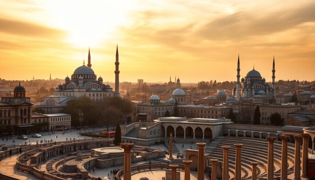 A majestic skyline of ancient domes and minarets rises above the bustling Sultanahmet district of Istanbul. In the foreground, the iconic Hagia Sophia and the Blue Mosque stand side by side, their grand architectural forms casting long shadows on the cobblestone streets below. The middle ground is filled with the remnants of the once-grand Hippodrome, its carved stone columns and obelisks a testament to the city's storied past. The sky overhead is a rich, warm hue, bathing the scene in a golden glow as the sun sets over the Bosphorus. The overall atmosphere is one of timeless elegance and cultural significance, capturing the essence of where East meets West in this historic Istanbul neighborhood. A majestic skyline of ancient domes and minarets rises above the bustling Sultanahmet district of Istanbul. In the foreground, the iconic Hagia Sophia and the Blue Mosque stand side by side, their grand architectural forms casting long shadows on the cobblestone streets below. The middle ground is filled with the remnants of the once-grand Hippodrome, its carved stone columns and obelisks a testament to the city's storied past. The sky overhead is a rich, warm hue, bathing the scene in a golden glow as the sun sets over the Bosphorus. The overall atmosphere is one of timeless elegance and cultural significance, capturing the essence of where East meets West in this historic Istanbul neighborhood.