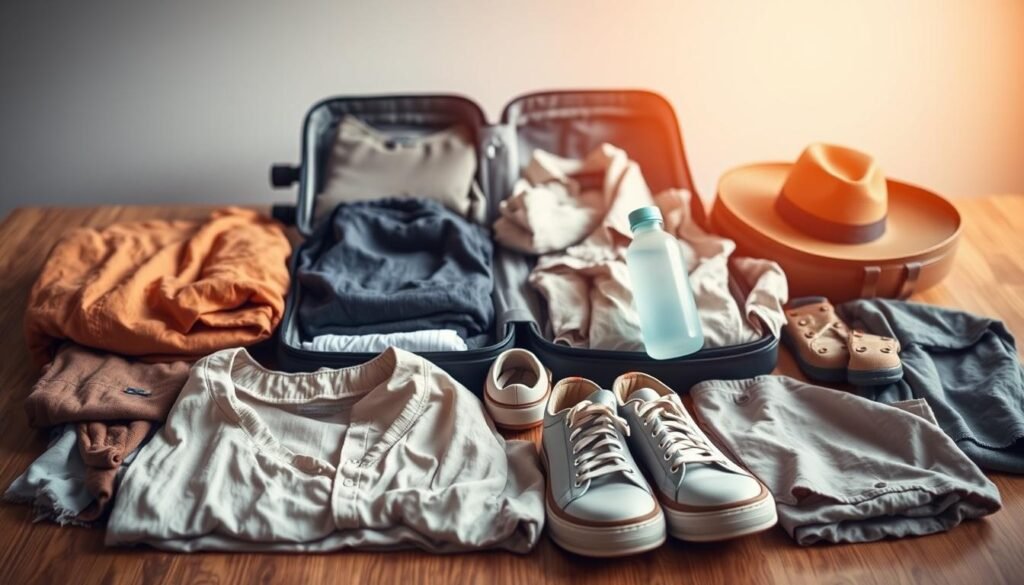 A neatly organized suitcase sits open on a wooden surface, surrounded by various travel essentials meticulously arranged. In the foreground, an array of lightweight, breathable clothing items in neutral tones - long-sleeved shirts, pants, and a light jacket - suggest the need to adapt to Mexico City's mild yet variable climate. In the middle ground, a comfortable pair of walking shoes, a hat, and a water bottle come into focus, hinting at the active exploration of the city's historic landmarks and vibrant neighborhoods. The background features a subtle gradient, creating a sense of depth and emphasizing the packing preparations. Warm, natural lighting from an unseen source illuminates the scene, conveying a mood of readiness and anticipation for the upcoming journey.