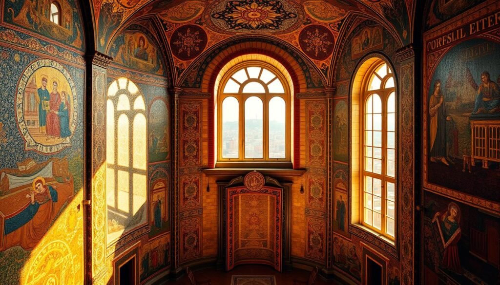 A stunning Byzantine mosaic masterpiece adorns the interior of the historic Chora Church, bathed in warm, golden light. The intricate scenes and figures come to life, reflecting the rich cultural heritage of the ancient city. In the foreground, vibrant hues of azure, crimson, and gilded details captivate the viewer. Delicate patterns and ornate designs fill the middle ground, leading the eye towards the grand, arched windows that frame the breathtaking urban landscape beyond. The soft, diffused illumination creates a serene, contemplative atmosphere, transporting the observer to a bygone era when the Fener district of Istanbul was a hub of Byzantine splendor. A stunning Byzantine mosaic masterpiece adorns the interior of the historic Chora Church, bathed in warm, golden light. The intricate scenes and figures come to life, reflecting the rich cultural heritage of the ancient city. In the foreground, vibrant hues of azure, crimson, and gilded details captivate the viewer. Delicate patterns and ornate designs fill the middle ground, leading the eye towards the grand, arched windows that frame the breathtaking urban landscape beyond. The soft, diffused illumination creates a serene, contemplative atmosphere, transporting the observer to a bygone era when the Fener district of Istanbul was a hub of Byzantine splendor.