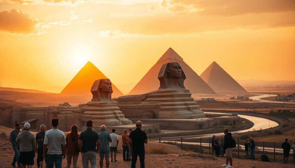 A stunning landscape with the iconic pyramids of Giza towering majestically against a warm, golden sky. In the foreground, a group of visitors stand in awe, their silhouettes backlit by the setting sun. The middle ground features the sphinx, its weathered face gazing upon the scene with timeless wonder. In the distance, the Nile River winds its way through the fertile valley, its waters reflecting the vibrant hues of the sky. The image is captured with a wide-angle lens, emphasizing the grand scale and timeless beauty of this ancient wonder. The mood is one of reverence and exploration, inviting the viewer to imagine themselves stepping back in time and experiencing the magic of this legendary destination.