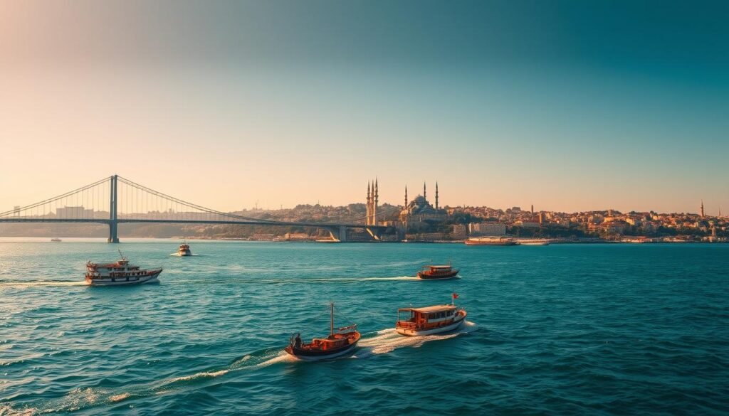 A sweeping panorama of the Bosphorus Strait, the iconic waterway dividing Europe and Asia. In the foreground, a fleet of traditional Turkish fishing boats glide across the shimmering turquoise waters. In the middle ground, the majestic Bosphorus Bridge soars above, connecting the two continents. Across the strait, the historic silhouette of Istanbul's Old City skyline rises, punctuated by the towering minarets of the Blue Mosque and Hagia Sophia. Warm golden light bathes the scene, casting a romantic glow over the timeless landscape. A wide-angle lens captures the breadth of this breathtaking natural wonder, where the East and West converge in a magnificent display of architectural and cultural heritage.