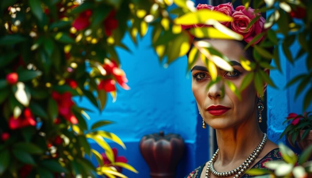 A vibrant and captivating portrait of Frida Kahlo, the iconic Mexican artist, set against the backdrop of her iconic Casa Azul in the colorful Coyoacán neighborhood of Mexico City. Frida's striking features are rendered in rich, lifelike detail, her piercing gaze and distinctive unibrow commanding attention. The blue walls of her beloved home, a symbol of her artistic identity, frame the scene, while lush, verdant foliage spills in from the foreground, creating a sense of warmth and tranquility. Muted natural lighting bathes the composition, casting gentle shadows and highlights that accentuate Frida's bold features and the vivid hues of her environment. The overall atmosphere evokes the vibrant spirit and cultural heritage of Mexico, setting the stage for an immersive exploration of the country's history, food, and art.
