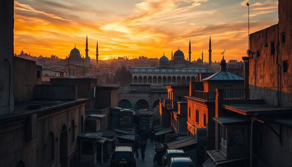 An ancient city skyline rises over the winding streets of Old Cairo, its domed mosques and minarets silhouetted against a vibrant sunset sky. In the foreground, bustling marketplaces and traditional architecture evoke the living history of this historic quarter. Warm, golden lighting filters through the narrow alleyways, casting intricate shadows on the weathered stone buildings. In the middle ground, the iconic Hanging Church and Ben Ezra Synagogue stand as testaments to the diverse religious heritage of Coptic Cairo. The scene exudes a timeless, mystical atmosphere, inviting the viewer to step back in time and explore the captivating essence of this timeless urban landscape.