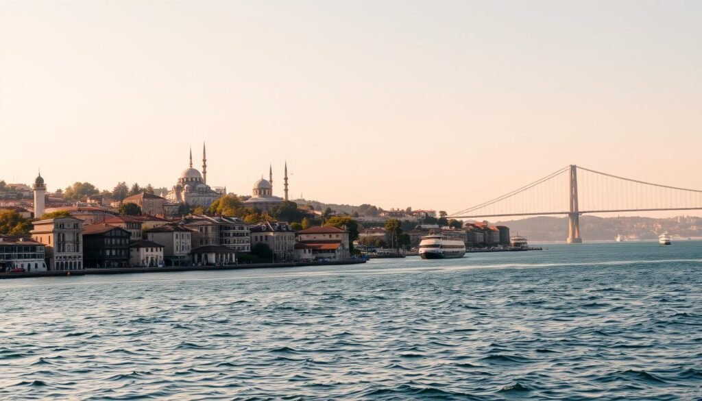 Bosphorus Strait, a majestic waterway that divides Europe and Asia, stretches before us. In the foreground, traditional Turkish wooden houses known as yalıs line the shoreline, their colorful facades reflecting in the glistening waters. Midground, grand Ottoman-era palaces and mosques rise, their domes and minarets silhouetted against a clear sky. In the distance, the graceful suspension bridges connecting the two continents span the strait, creating a captivating visual harmony. The scene is bathed in warm, golden afternoon light, casting a tranquil, inviting atmosphere. A classic vista of this iconic Istanbul landmark, captured through a wide-angle lens to showcase the breadth and grandeur of the Bosphorus Cruise experience. Bosphorus Strait, a majestic waterway that divides Europe and Asia, stretches before us. In the foreground, traditional Turkish wooden houses known as yalıs line the shoreline, their colorful facades reflecting in the glistening waters. Midground, grand Ottoman-era palaces and mosques rise, their domes and minarets silhouetted against a clear sky. In the distance, the graceful suspension bridges connecting the two continents span the strait, creating a captivating visual harmony. The scene is bathed in warm, golden afternoon light, casting a tranquil, inviting atmosphere. A classic vista of this iconic Istanbul landmark, captured through a wide-angle lens to showcase the breadth and grandeur of the Bosphorus Cruise experience.