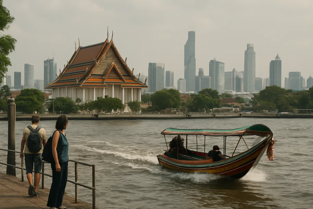 Bangkok riverside with temple architecture and city skyline