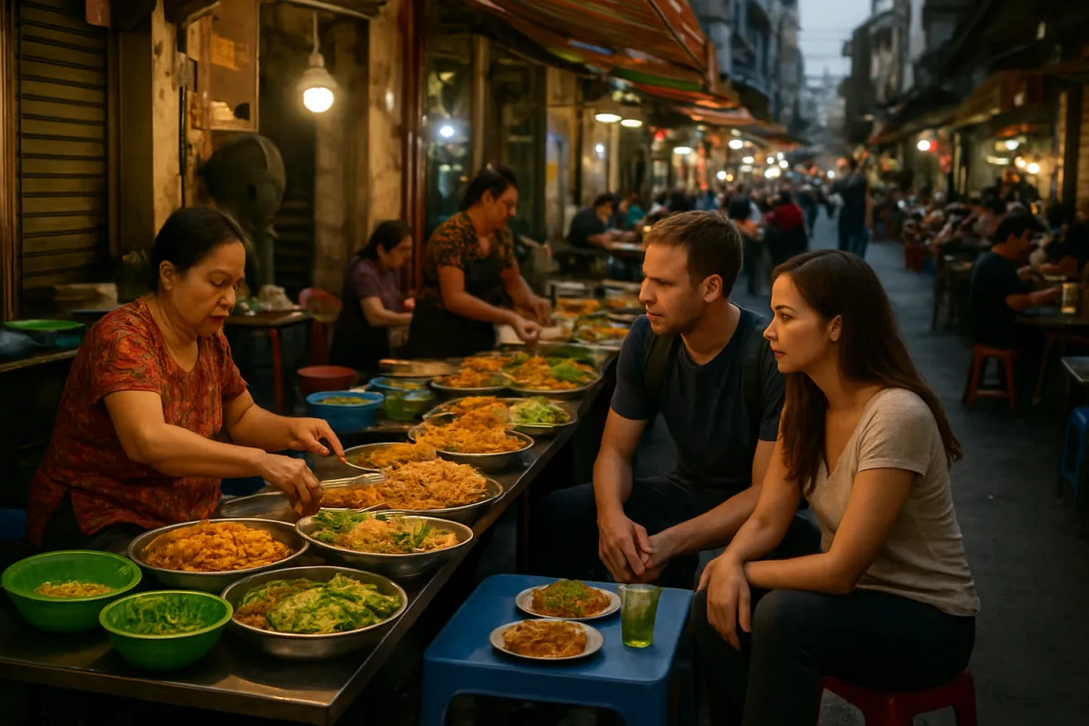 Southeast Asian street food market with local vendors and travelers