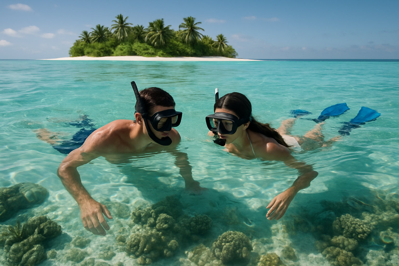 A honeymoon couple snorkeling in a clear tropical lagoon