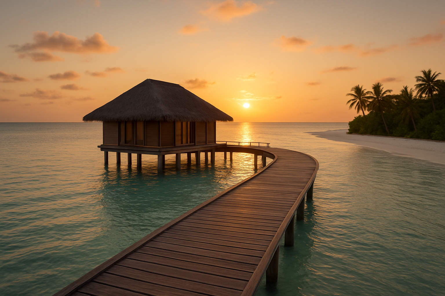 An overwater villa and walkway at sunset in the Maldives
