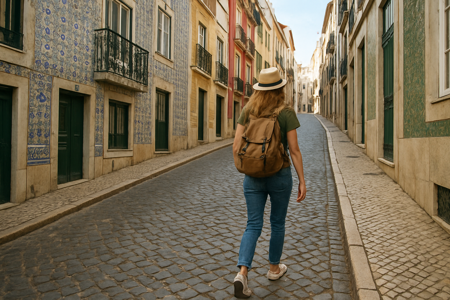 Traveler walking through a historic Lisbon neighborhood