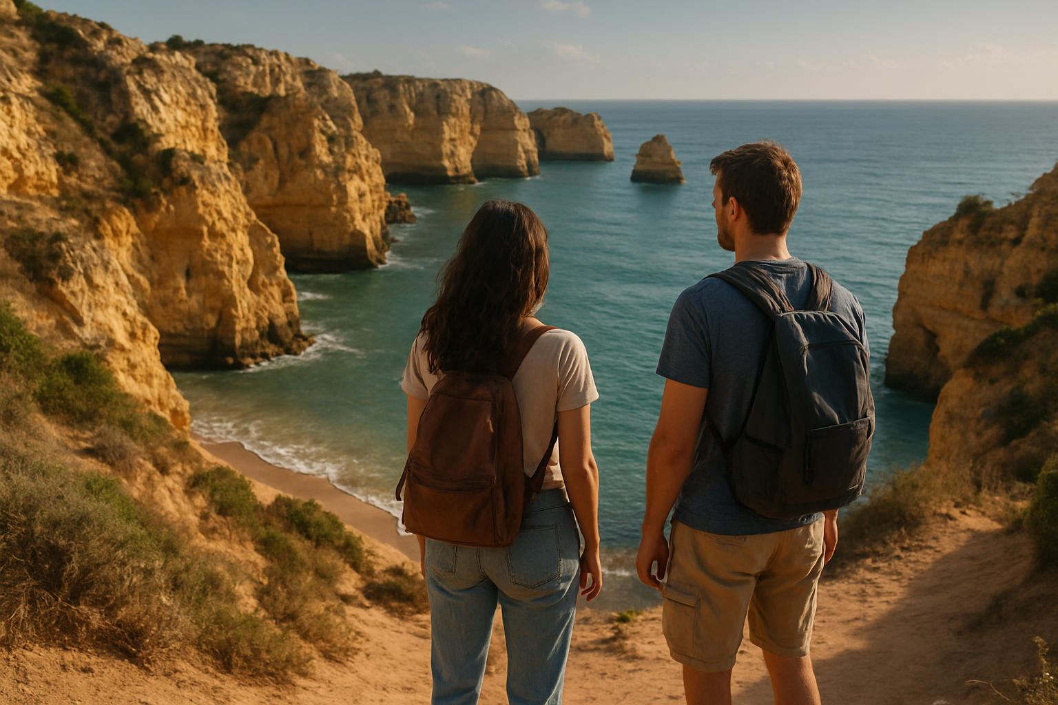 Travelers viewing the Algarve coastline from a cliff path