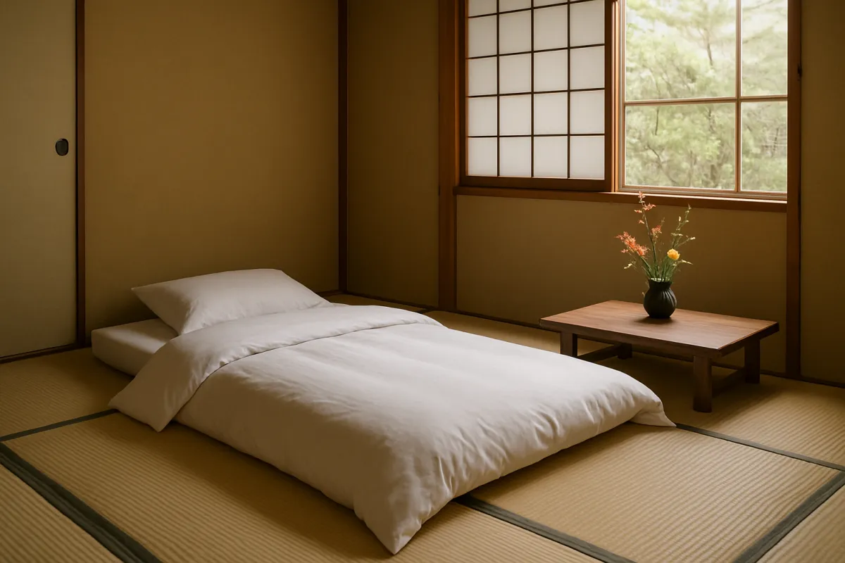 Traditional Kyoto ryokan room with tatami and futon bedding