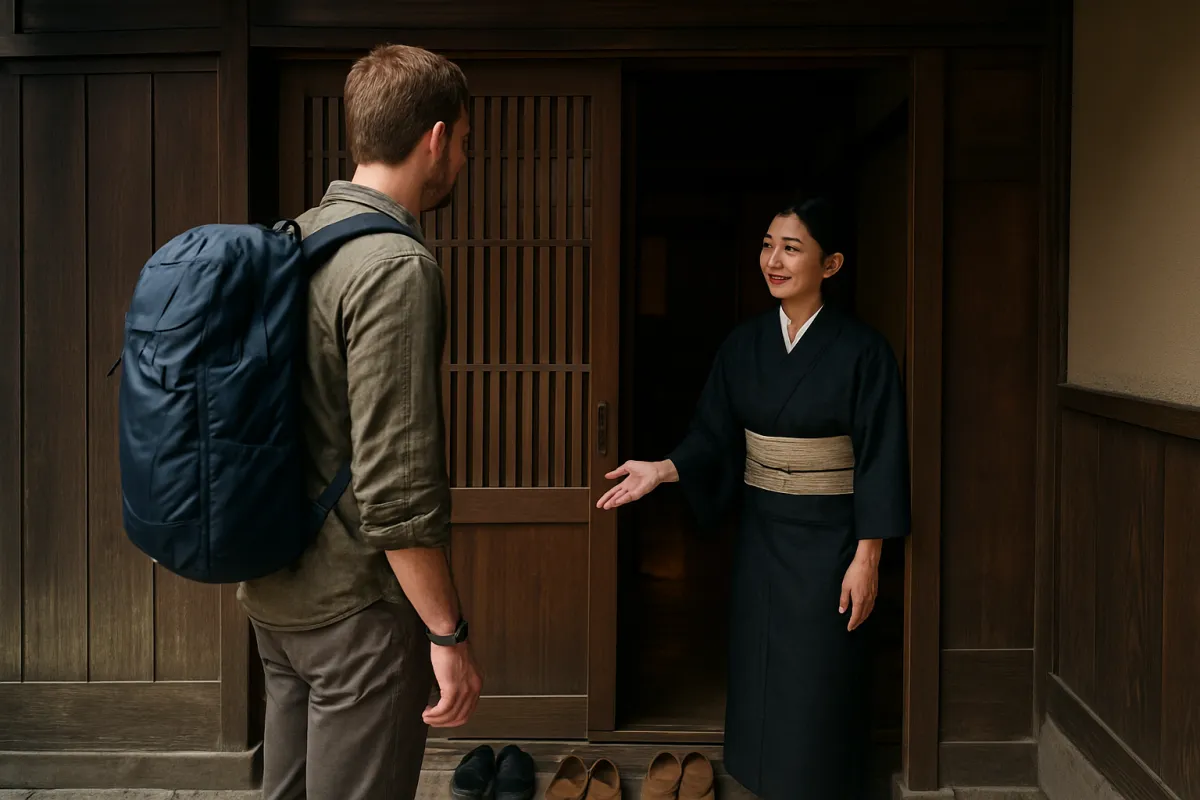 Traveler arriving at a Kyoto ryokan entrance