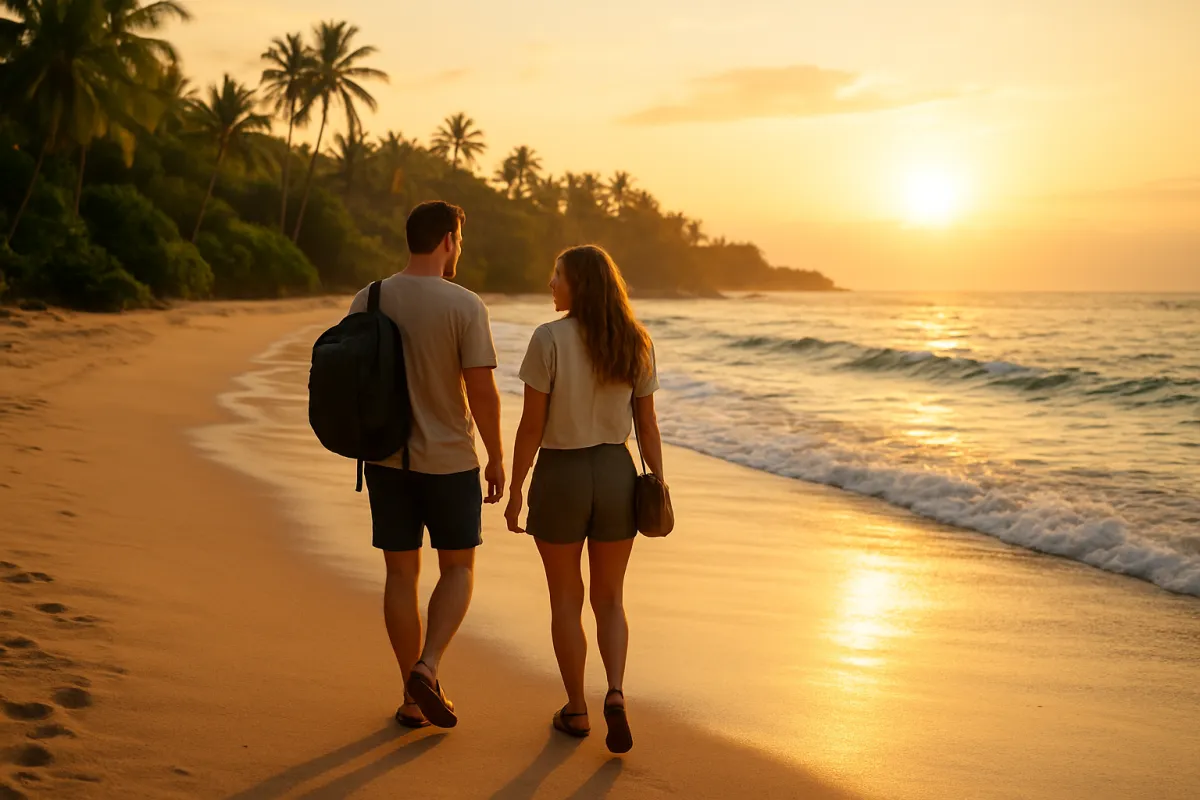 Couple walking along a Hawaiian beach at sunset