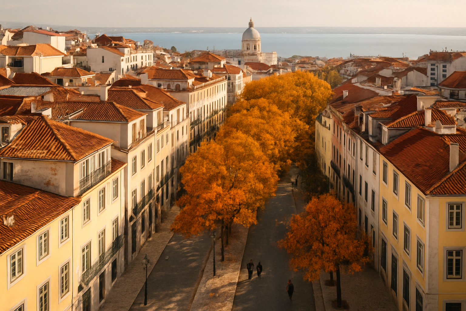 Autumn view over Lisbon with historic buildings and tree-lined streets
