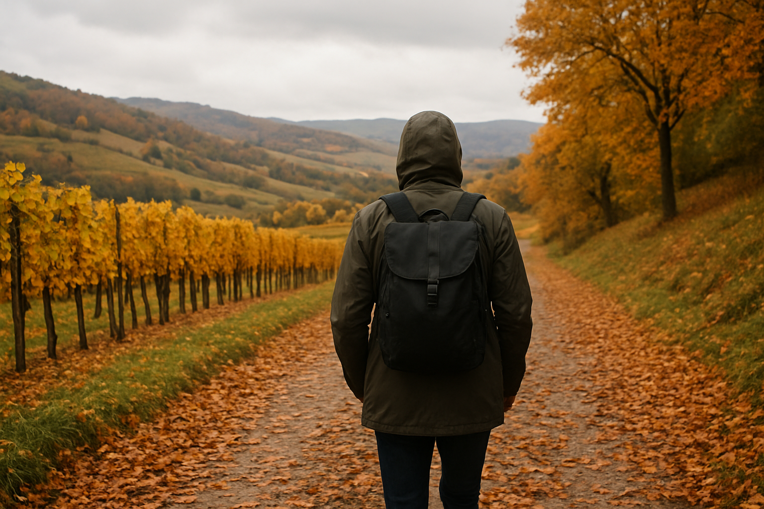 Traveler walking through an autumn European vineyard landscape