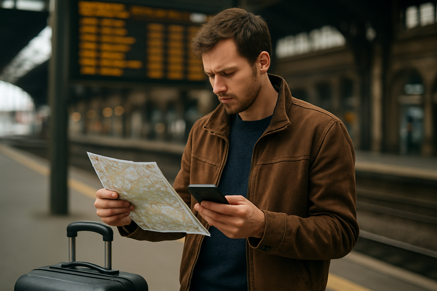 Traveler planning a multi-country European train journey at a railway station