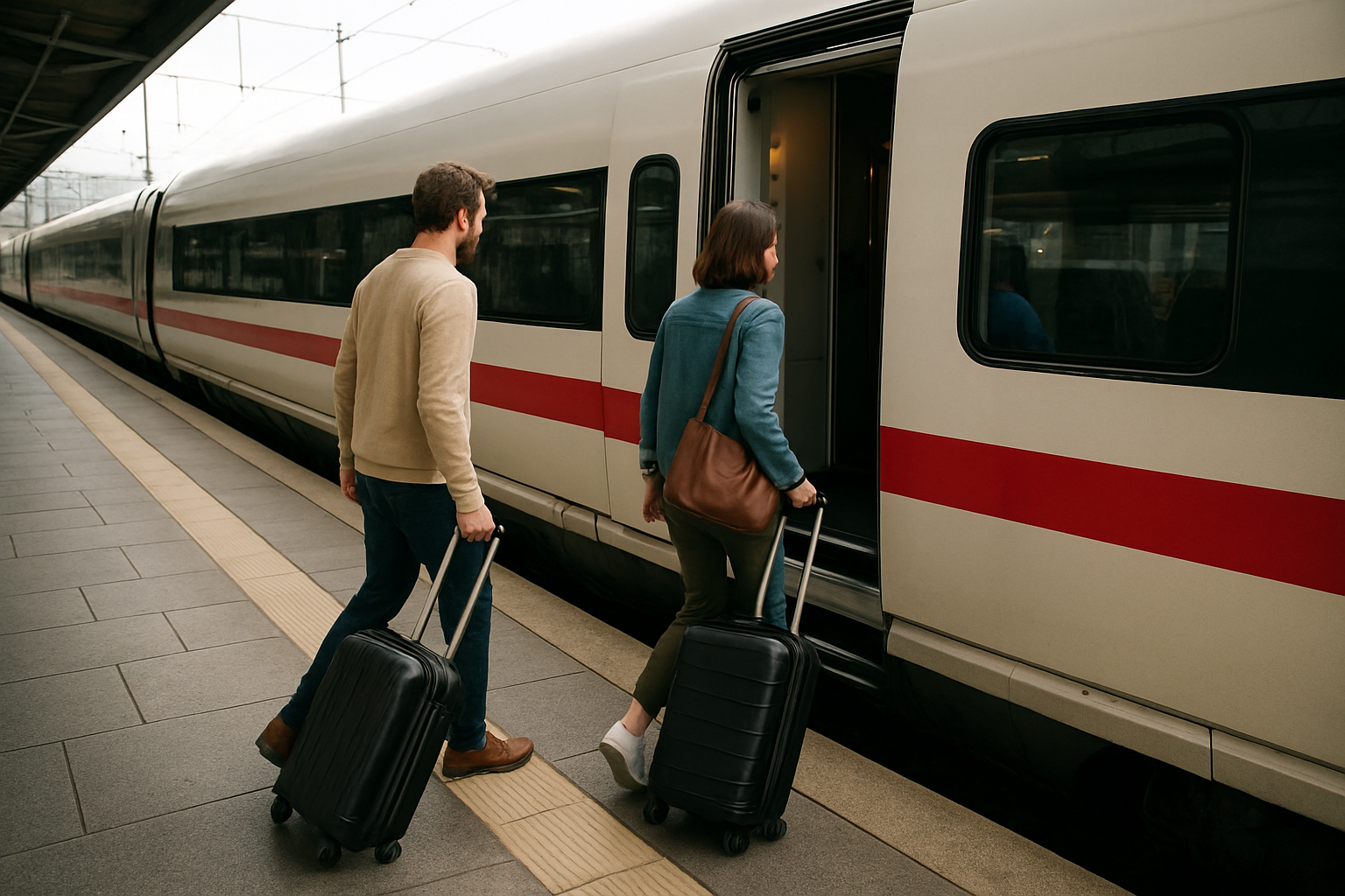 Travelers boarding a European high-speed train with luggage