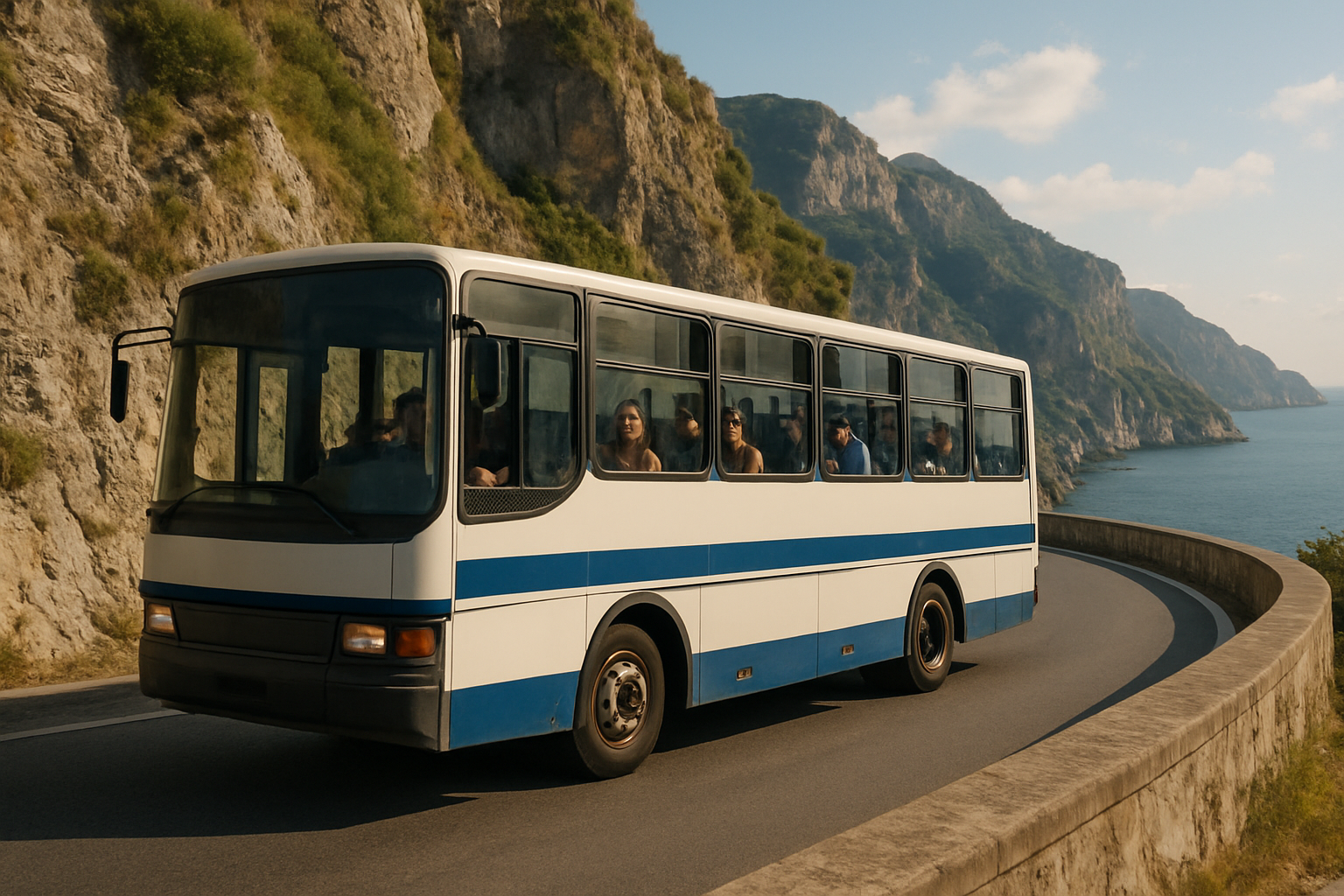 Bus traveling along the winding Amalfi Coast road
