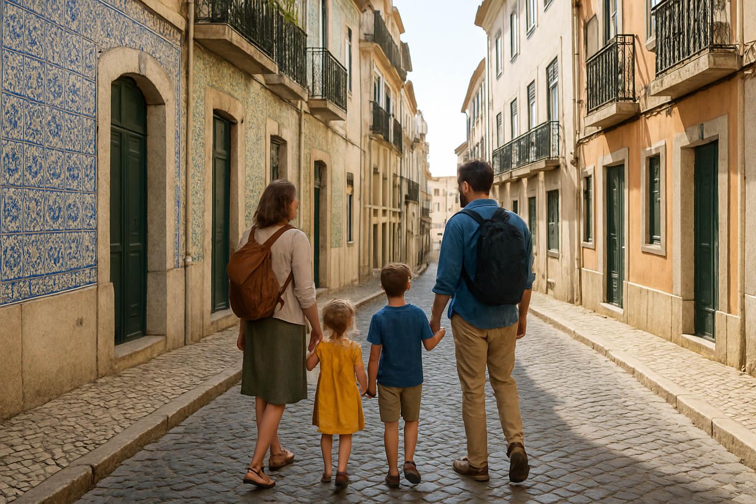 Family walking through a historic Portuguese city street