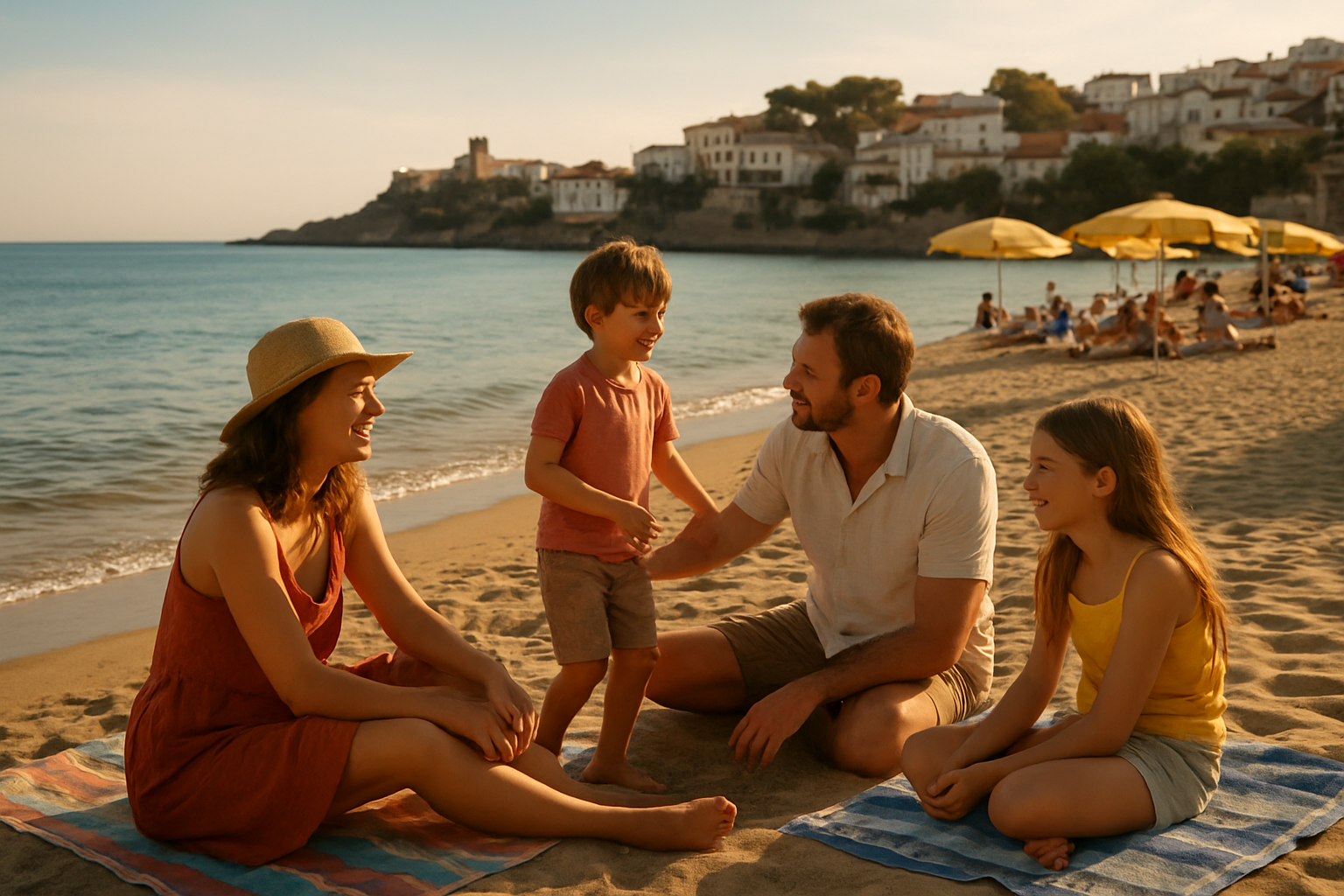 Family relaxing on a Spanish Mediterranean beach