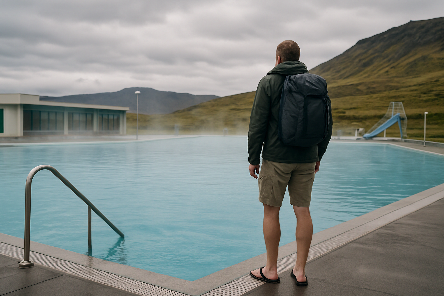 A traveler enjoying a public swimming pool in Reykjavik