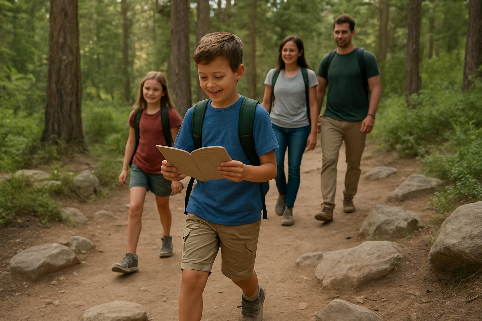 Family walking on a national park trail with children exploring the scenery