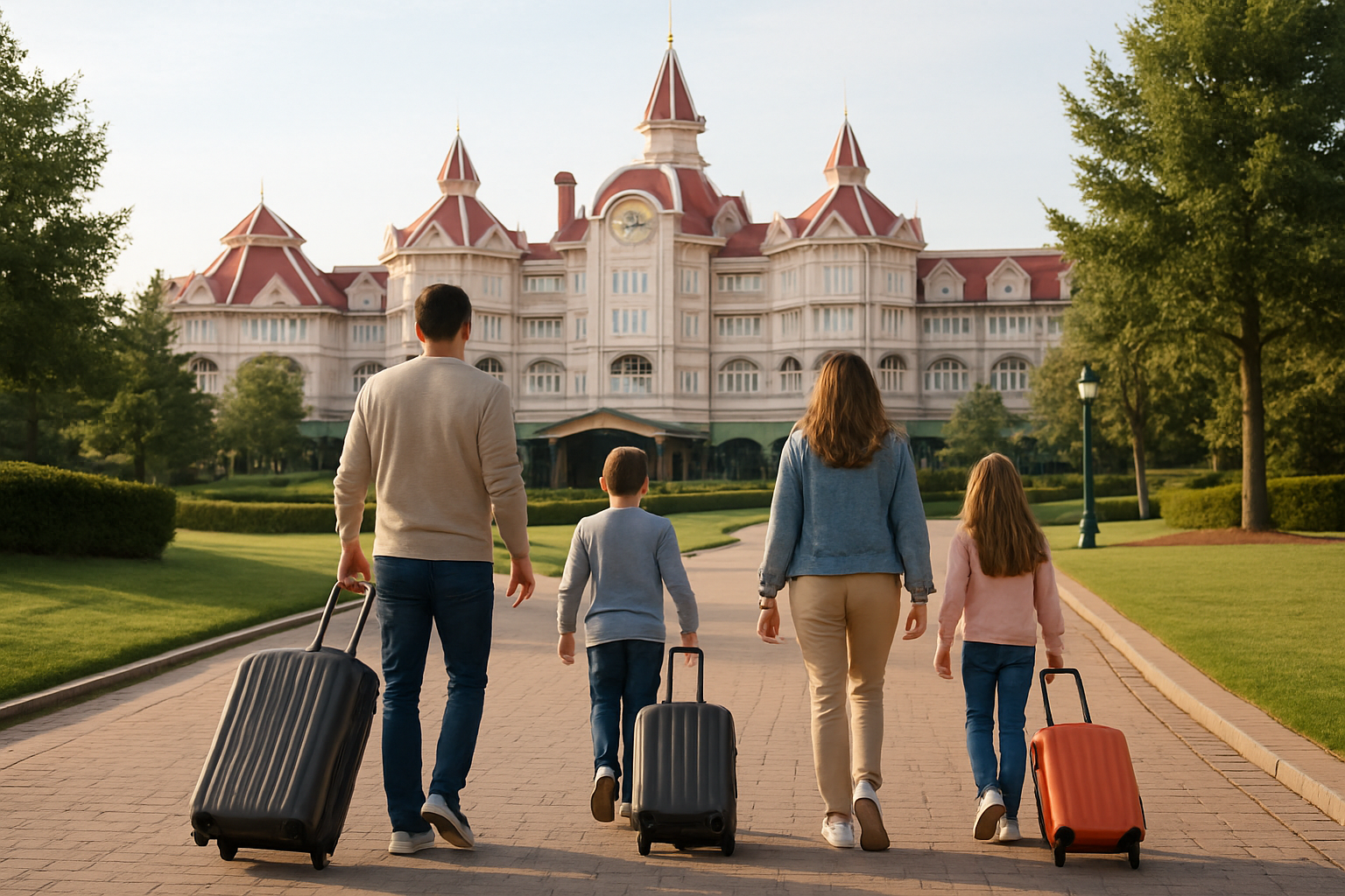 Family walking toward a Disneyland Paris resort hotel