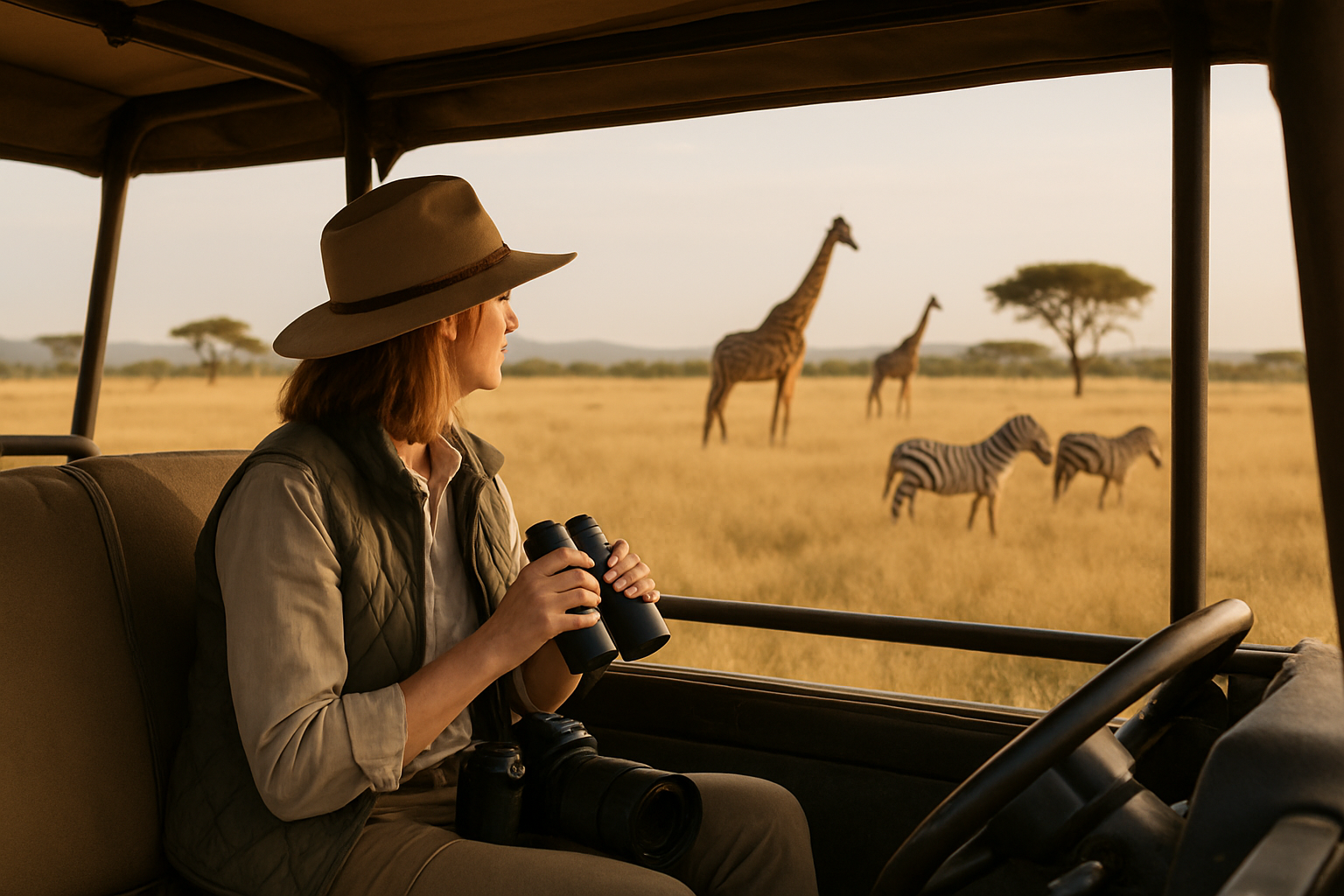 Traveler observing wildlife safely from a safari vehicle in Kenya
