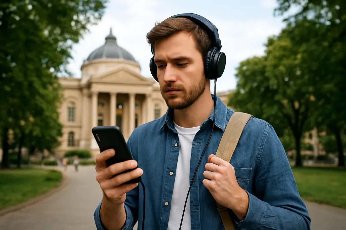 Traveler following an audio-guided route at a cultural attraction